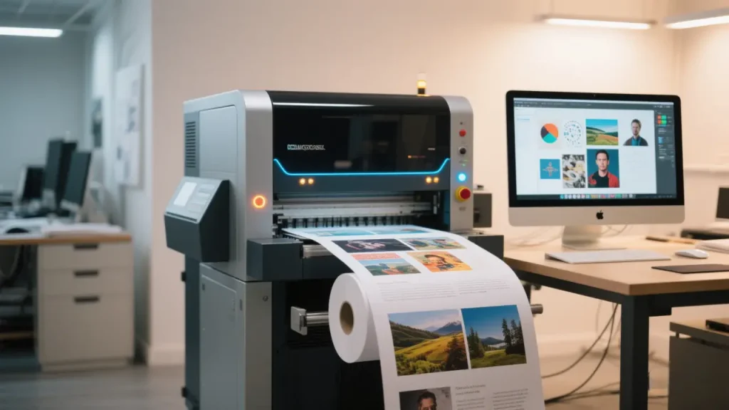 A digital printer in a studio shows a computer with design files and paper printing varied colorful content.