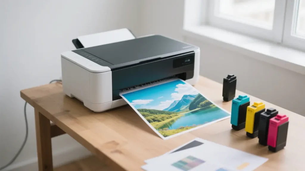 An inkjet printer in operation with four-color cartridges beside it, under natural light in a simple setup.
