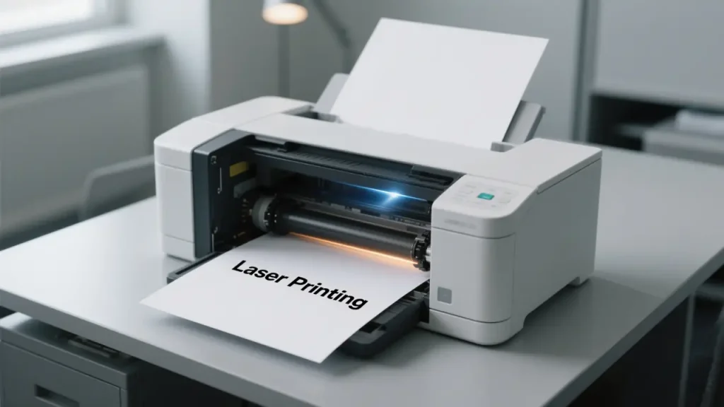 A laser printer with an open side panel shows drum and laser scanning, printing "Laser Printing" on paper.