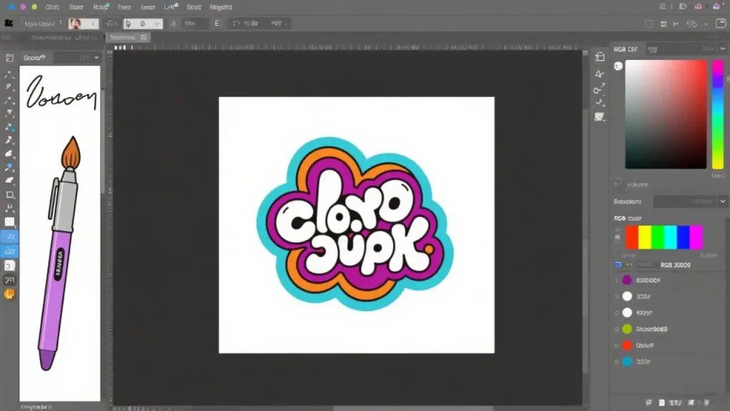 Design software interface showing cartoon pattern creation with RGB mode and 300DPI settings.