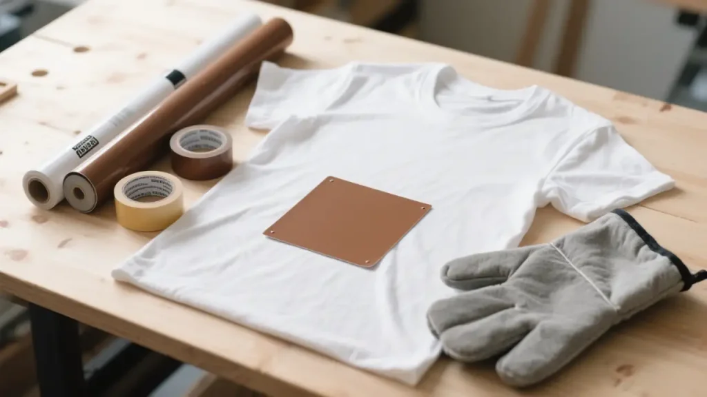 Heat press materials including T-shirt, vinyl, Teflon sheet, tape and gloves on wooden table.
