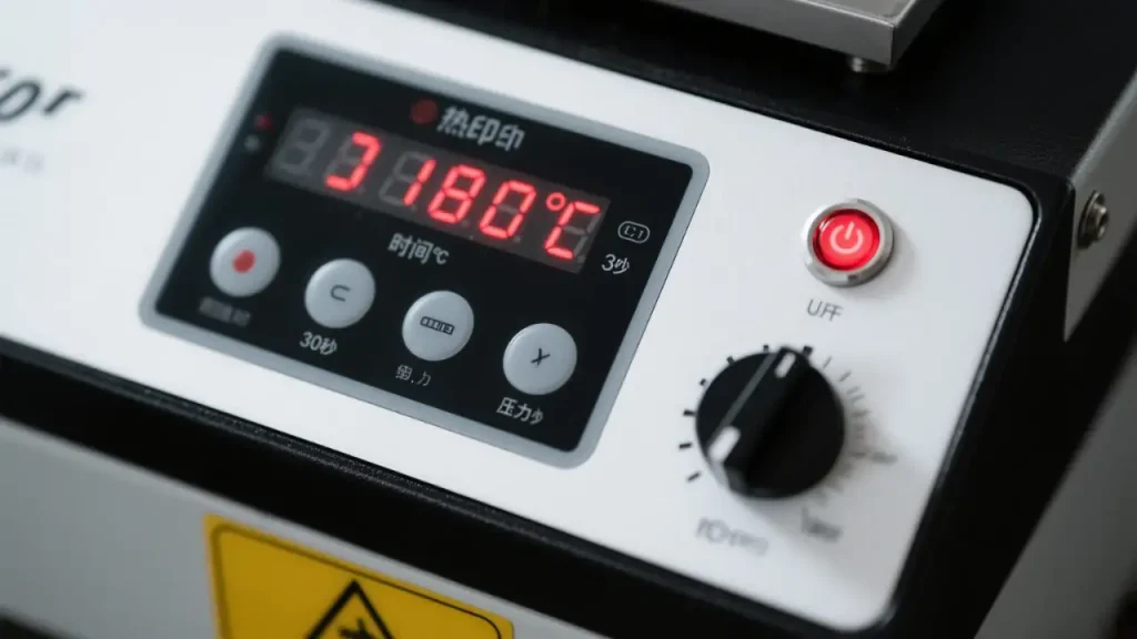 Heat press control panel displaying 180℃ temperature and 30-second timer.