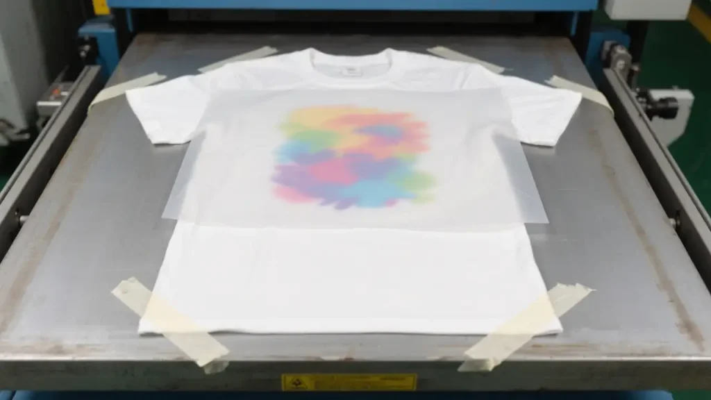 T-shirt with taped transfer film and Teflon sheet on heat press lower platen.