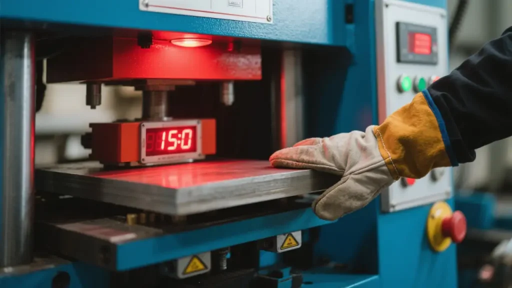 Heat press machine in operation with locked upper platen and flashing indicator.