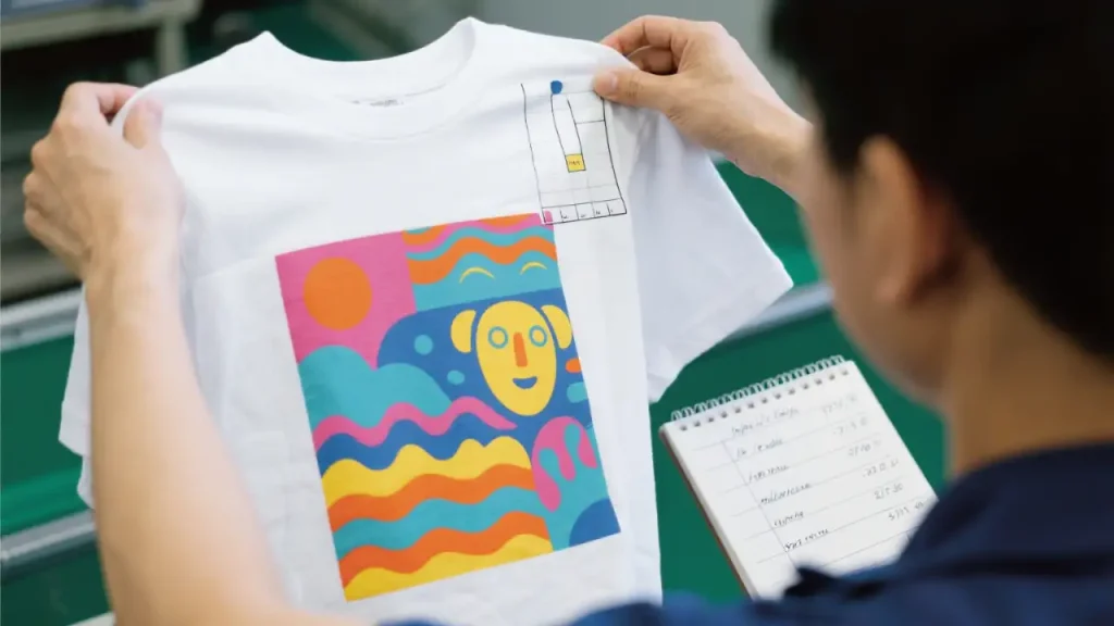 Worker checking transferred design adhesion and recording parameters in notebook.