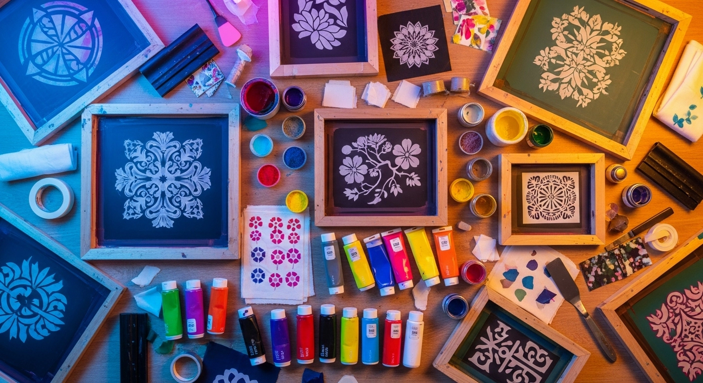 Fabric printing tools and materials collage